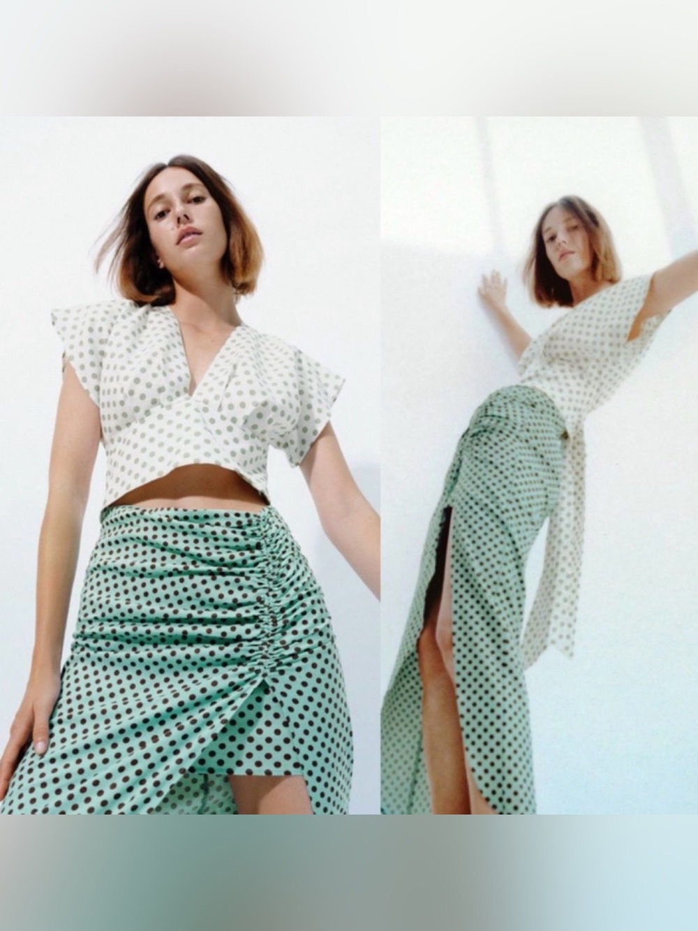 Zara Mint Green Polka Dot Ruched Tulip Midi Skirt